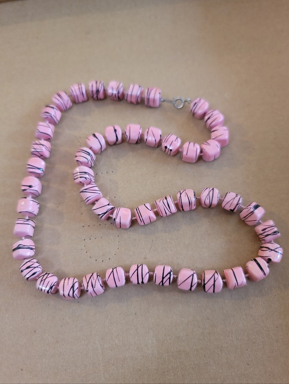 Vintage Mid Century Pink Beaded Necklace with Black Accent Lines - Women Jewelry